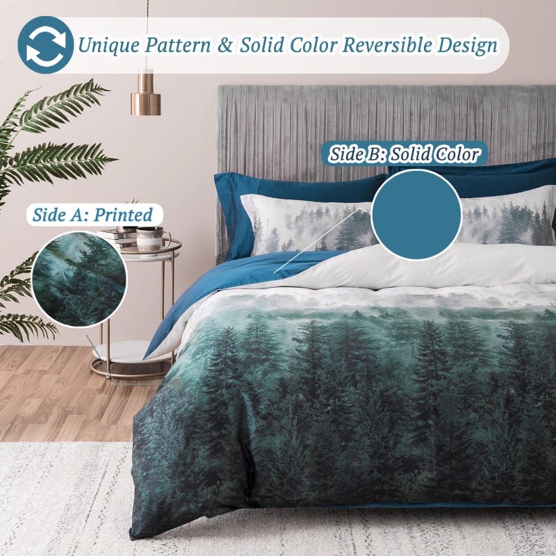 MILDLY 100% Long Staple Cotton Mountain Duvet Cover Set, Blue Green Gradient Trees Pattern Printed Comforter Cover Set - Image 3